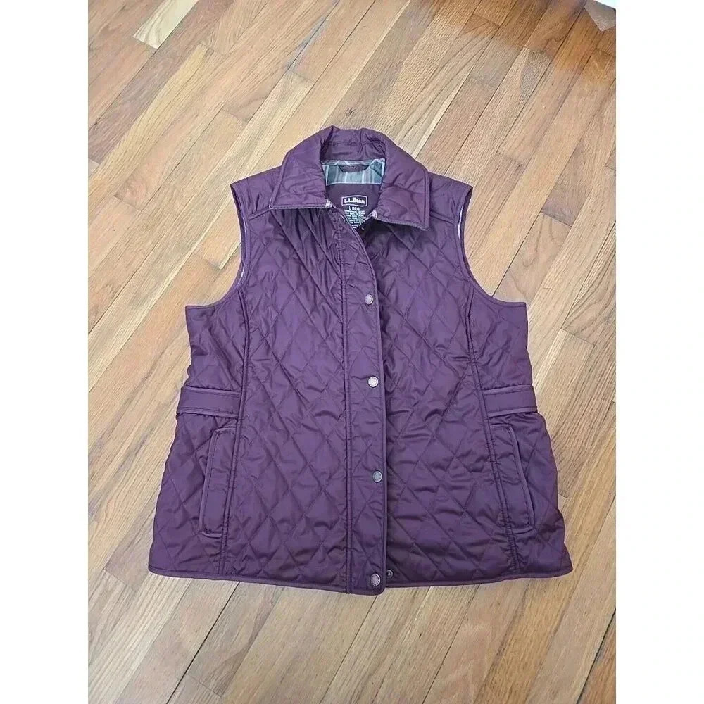 LL Bean Vest Women's Burgundy Quilted Plaid Lined Corduroy Collar Pockets Size L